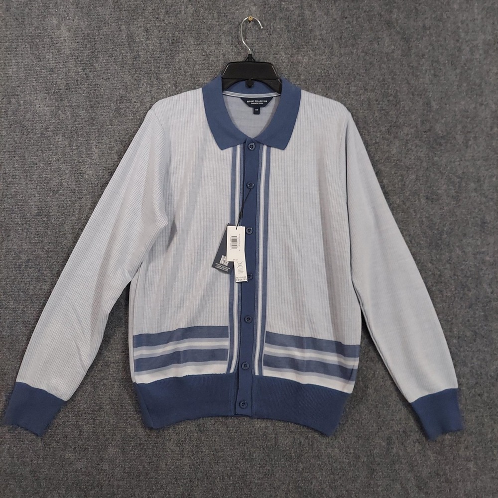 Report Collection Sweater Mens Medium Blue Striped Button Cardigan Knit Collared